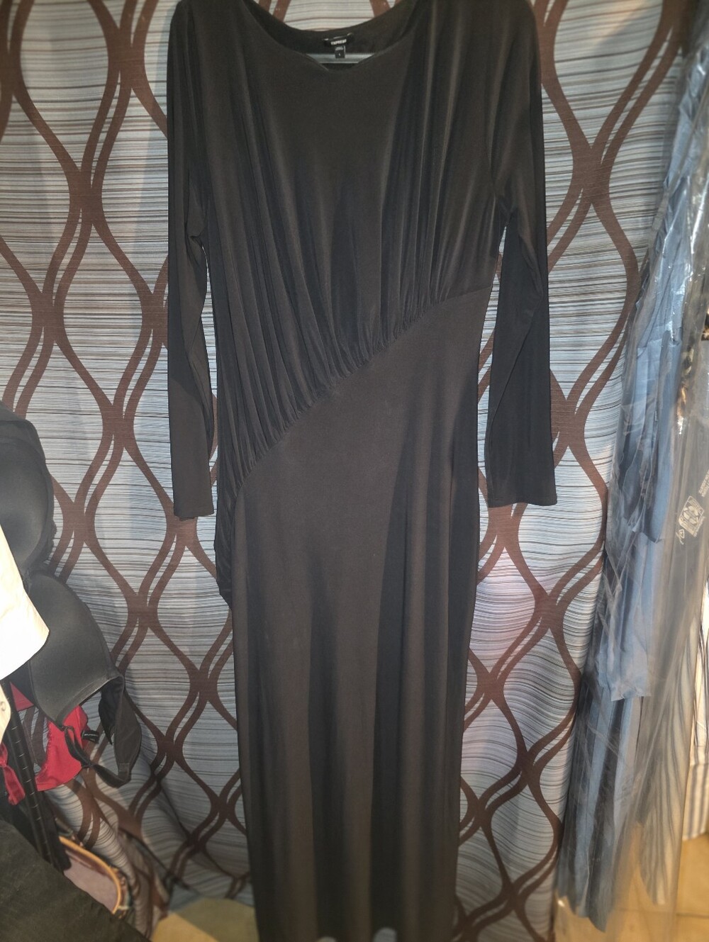 Express Black Long Sleeve Maxi Dress with Diagonal Ruched Panel